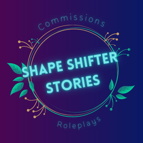 A teal and purple logo that says "Shapeshifter Stories". Smaller text says "Commissions" and "Roleplays".